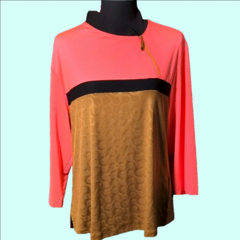 Jamie Sadock Women's Colorblock Top - Coral and Gold Pattern. Zipper Detail.